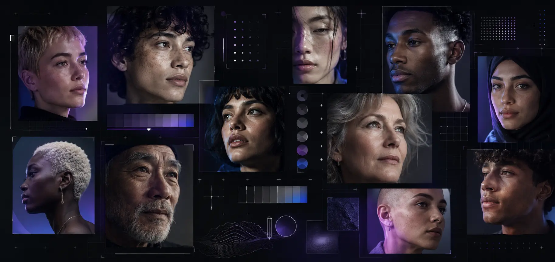Fictional synthetic portraits arranged as an analytical contact sheet